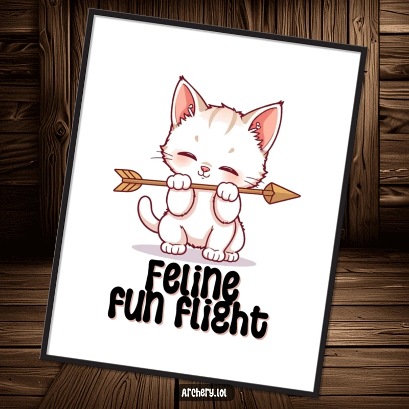 Funny digital art print of a kitten playfully batting at an arrow, perfect for adorable and humorous wall decor.