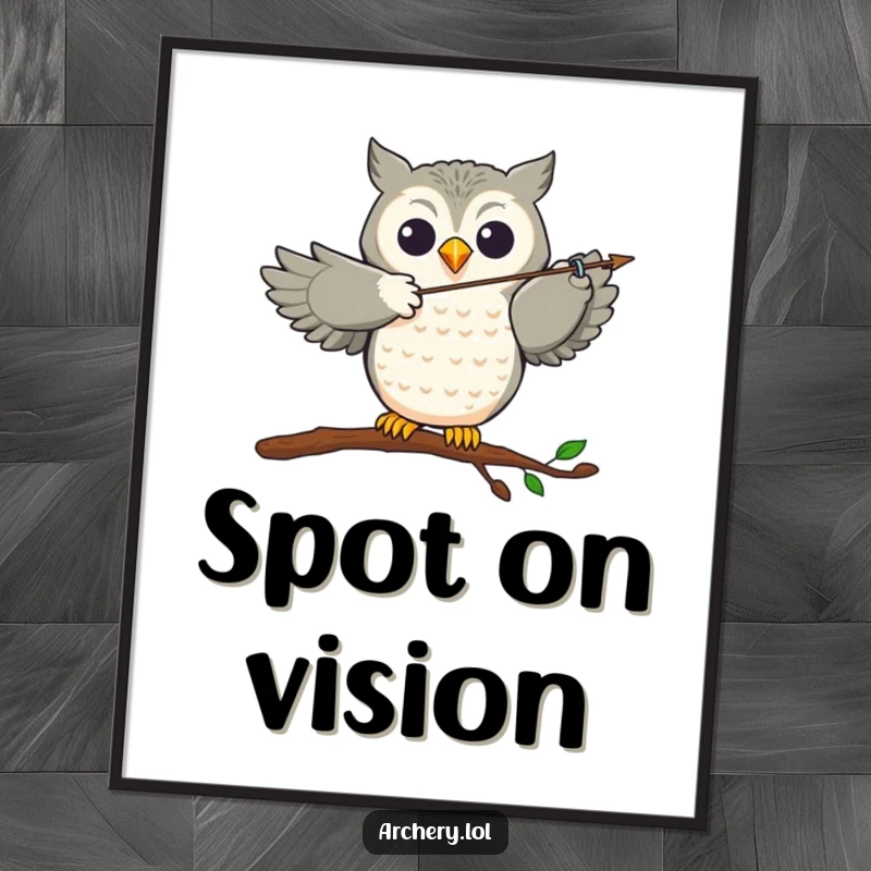 Funny Digital Art Print: A joyful owl perched, aiming an arrow with incredible accuracy, ready to impress.