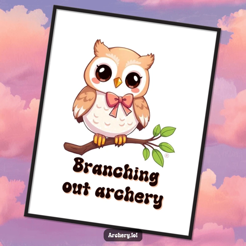 Funny digital art of a playful owl on a branch holding a bow and arrow, capturing a wise and humorous archery moment.