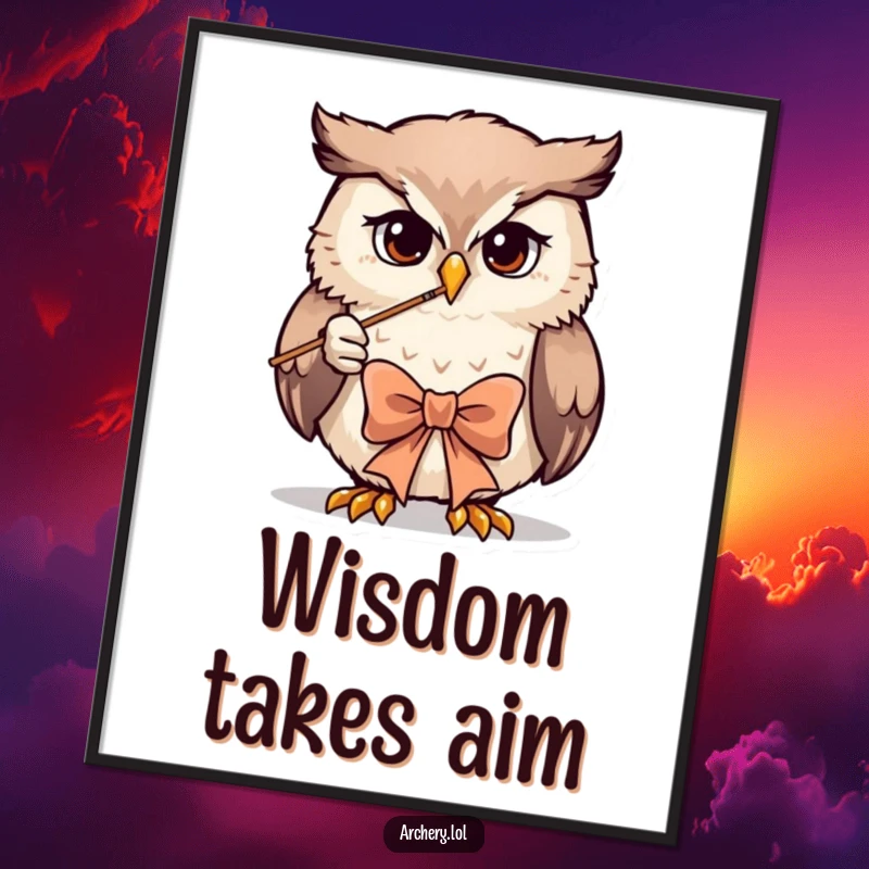 Funny owl archer digital art print showing an owl's incredible focus while drawing a bow.