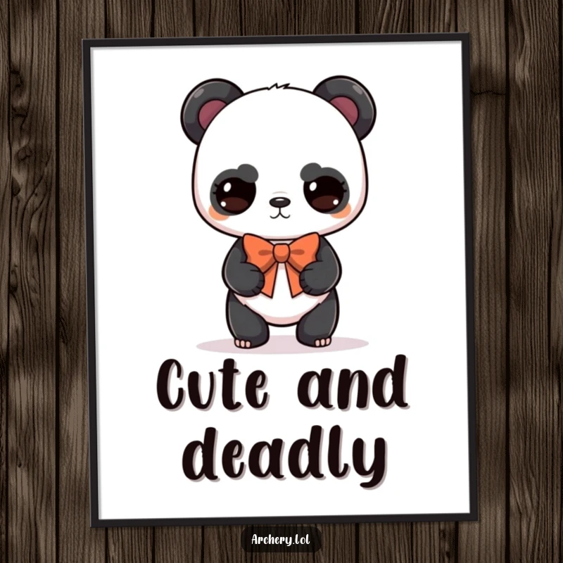 Funny panda archer digital art print of a serious but cute panda balancing a bow, humorous and instant gift.
