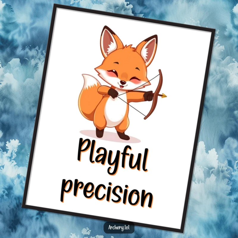 Funny playful fox digital art print, energetically twirling a bow and arrow, charming wall decor.