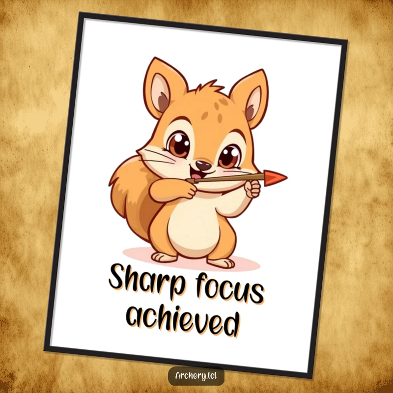 Funny squirrel archer digital art print of a happy squirrel aiming an arrow with wide, determined eyes, for instant display.