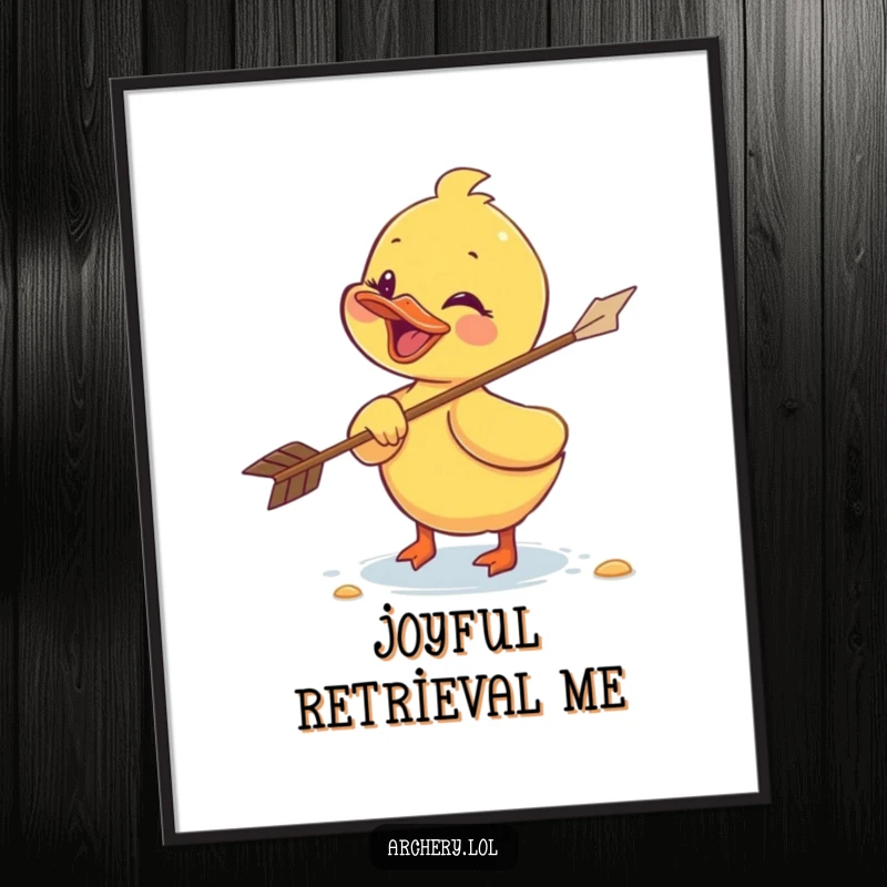 Funny duckling digital art print of a giggling duckling retrieving a flying arrow, perfect for whimsical and humorous wall decor.