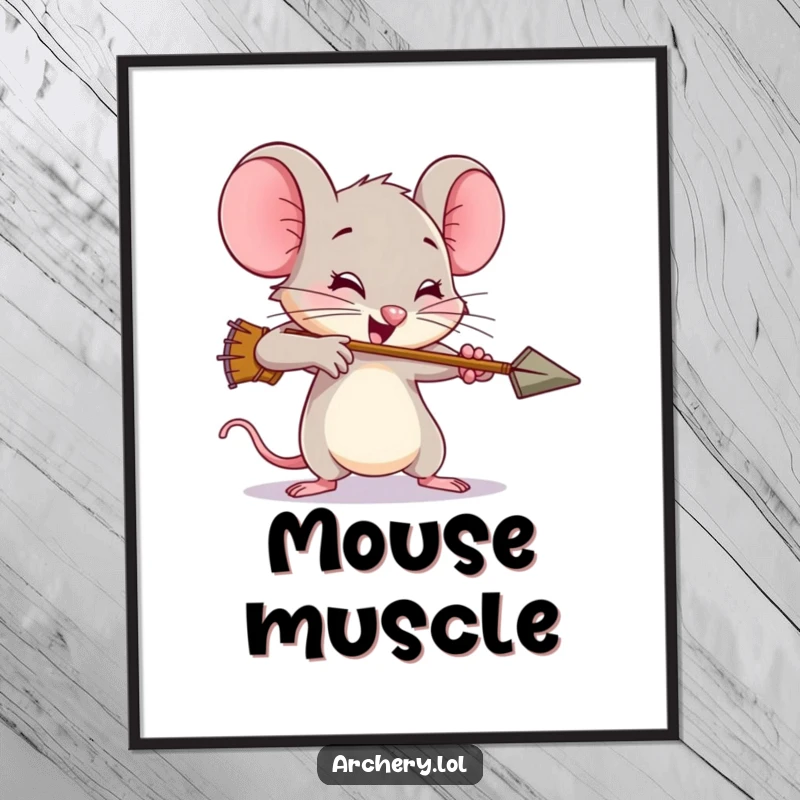 Funny mouse archer digital art print, a brave rodent shooting an arrow with comical, exaggerated effort, inspiring determination.