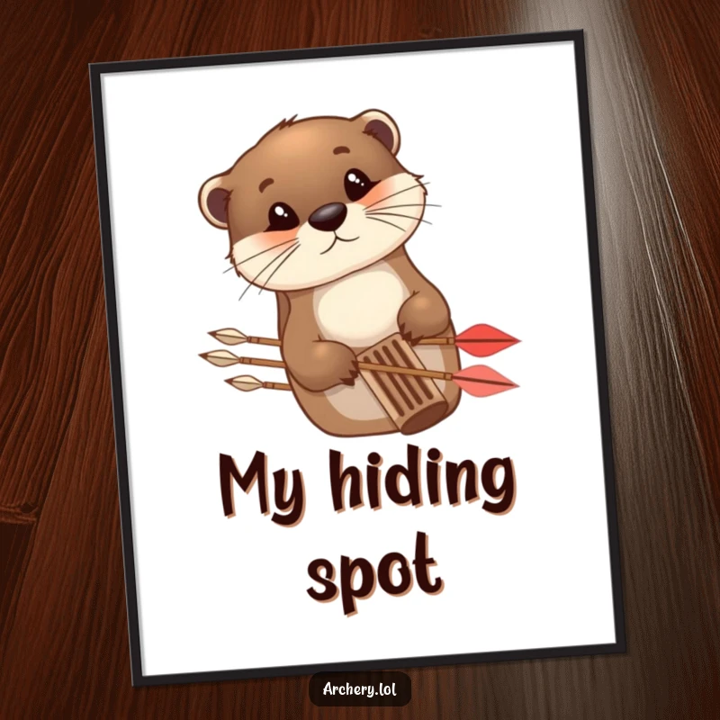 Funny Digital Art Print of a curious otter peeking from behind an arrow quiver, a humorous archery illustration.