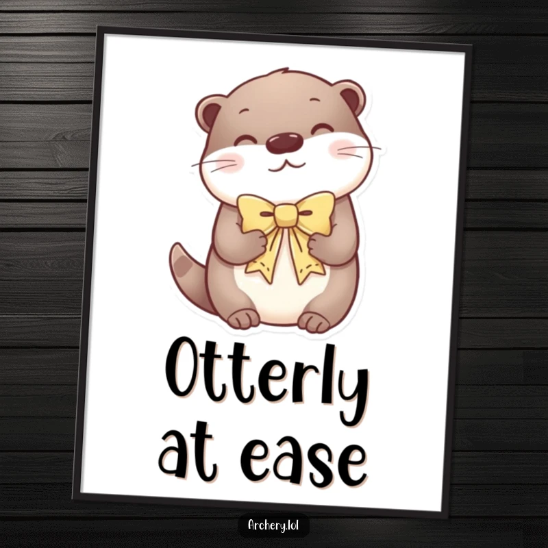 Funny digital art print of a content otter holding a decorative bow, looking incredibly serene and peaceful.