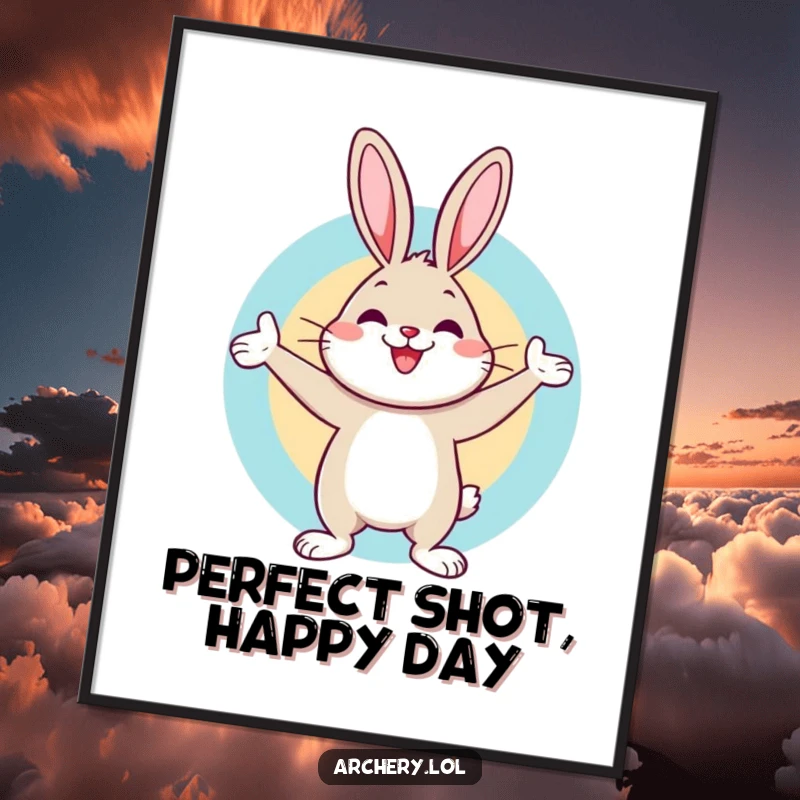 Funny digital art of a cheerful rabbit celebrating a bullseye hit with a bow nearby, capturing a moment of humorous victory.