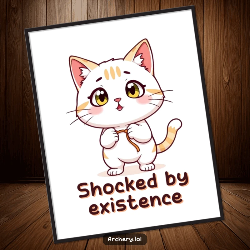 Funny Surprised Cat Digital Art: A wide-eyed cat pulling back a bowstring in surprise, creating a humorous and eye-catching design.