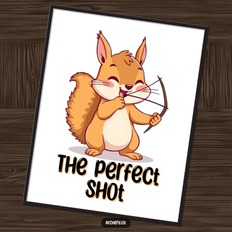 Funny squirrel digital art print, an enthusiastic archer drawing a bow with intense focus, high-quality wall decor.