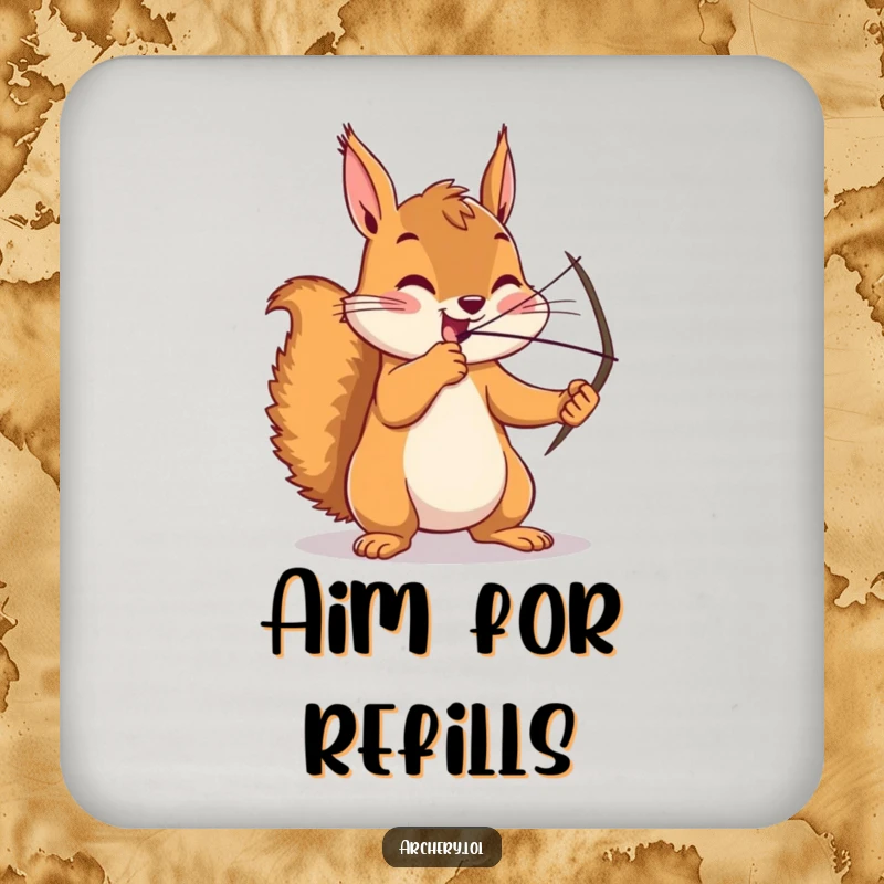 Funny squirrel coaster, an enthusiastic archer drawing a bow with intense focus, protecting surfaces, perfect for drinks.