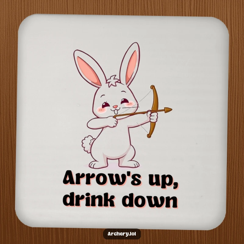 Funny drink coaster with a happy bunny drawing a bow, aiming with a smile. Protects surfaces and adds humor to your table.
