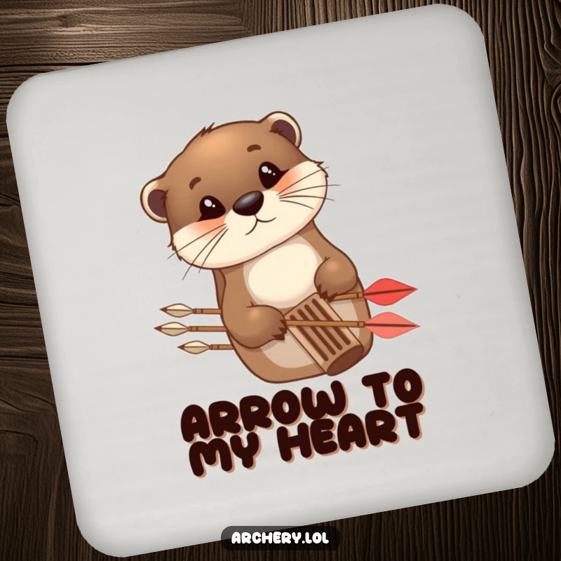 Funny Drink Coasters featuring a curious otter peeking from behind an arrow quiver, protecting surfaces with humor.