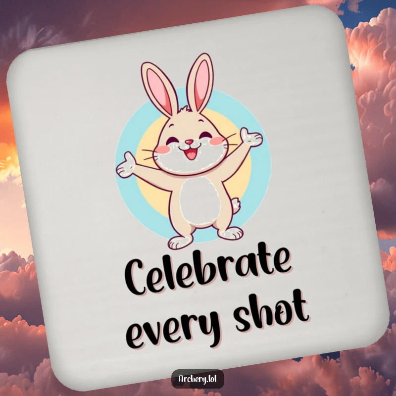 Funny drink coaster featuring a cheerful rabbit celebrating a bullseye hit, protecting surfaces with humorous, triumphant archery flair.
