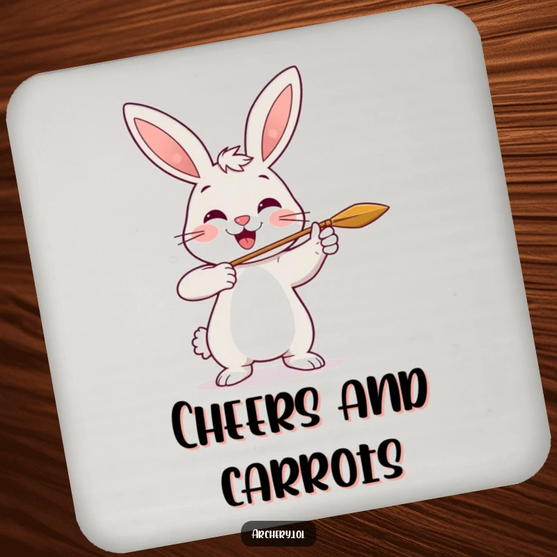 Funny Rabbit Archer Drink Coasters: A cheerful rabbit smiles while shooting an arrow, protecting surfaces with humor.