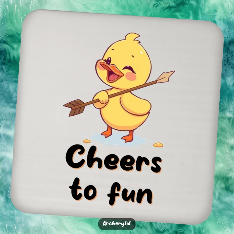 Funny duckling coaster depicting a giggling duckling retrieving a flying arrow, a cute and protective addition for drinks.