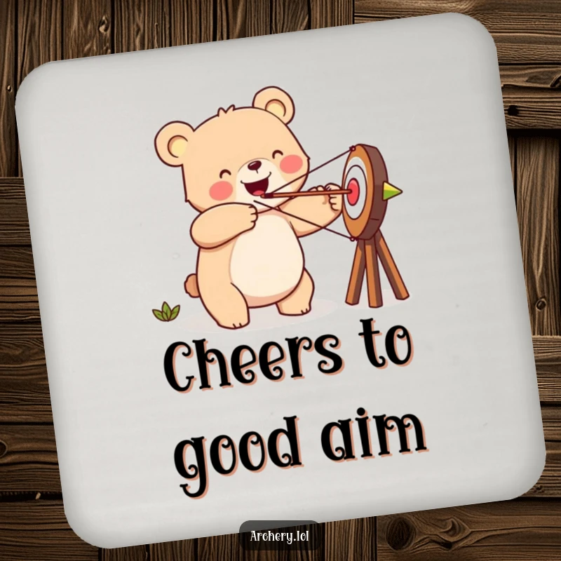 Funny happy bear coaster, aiming an arrow at a target, protecting surfaces, perfect for drinks.