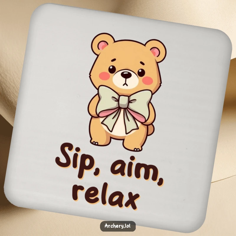 Funny drink coaster with a determined bear character holding a large bow, protecting surfaces with humorous archery flair.