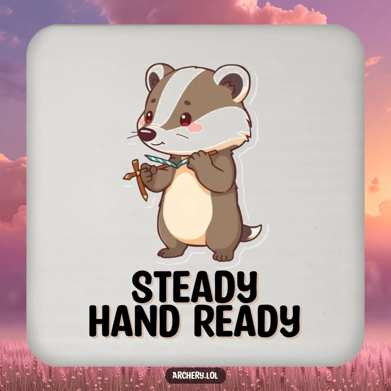 Funny drink coaster with a brave badger standing alert, bow drawn taut, adding a touch of humorous vigilance.