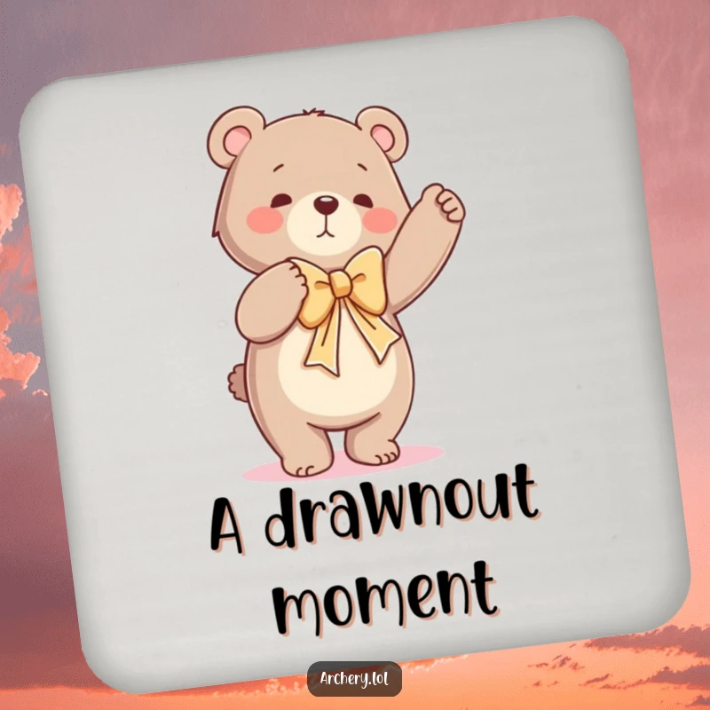 Funny drink coaster with a dancing bear hilariously drawing a bow, adding a touch of humor to any table setting.