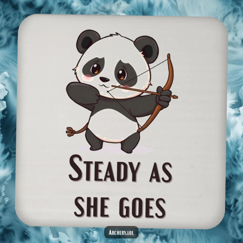 Funny drink coaster with a determined panda drawing its bow with a focused gaze, adding a touch of humorous concentration.