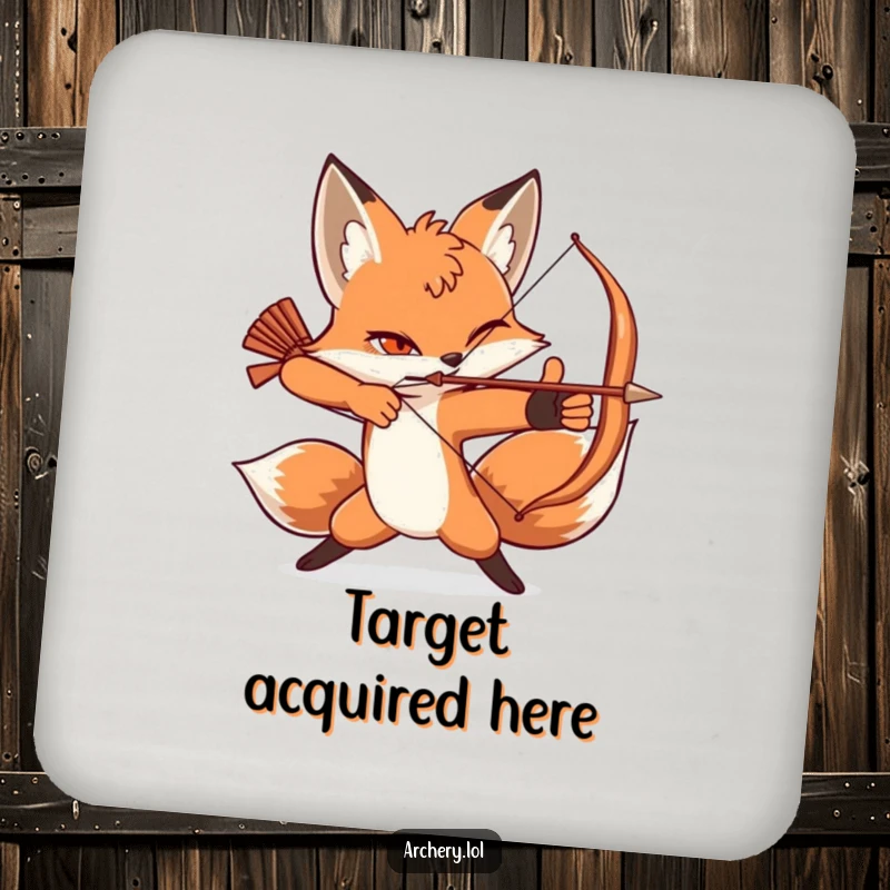 Funny drink coaster depicting a winking fox in a dynamic archery pose, ready to aim.