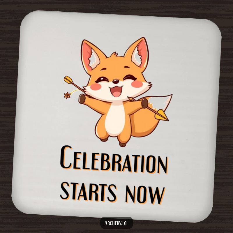 Funny fox archer coaster featuring a triumphant fox releasing an arrow, protecting surfaces with humor.