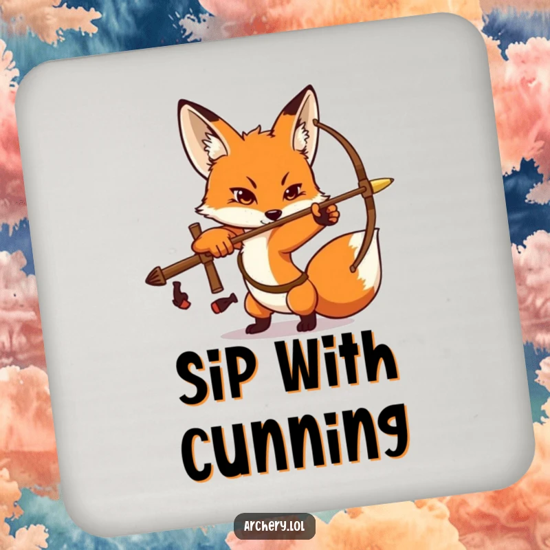 Funny Fox Archer Drink Coasters: A determined fox strikes an archery pose, protecting surfaces with focus and humor.