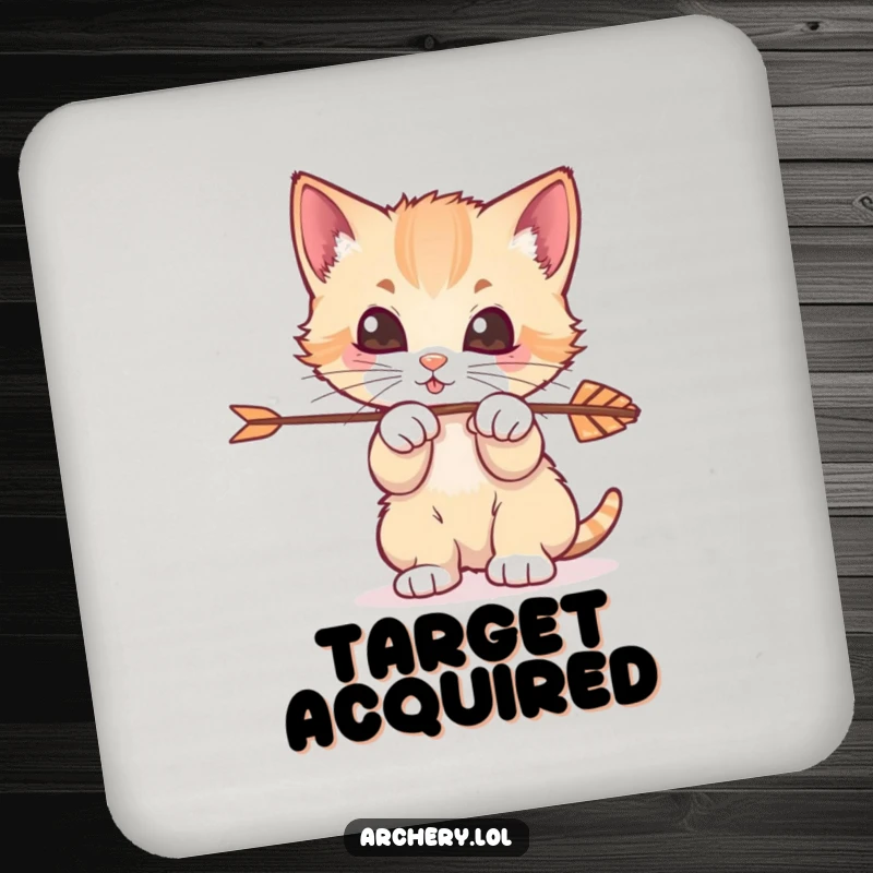 Funny Kitten Archer Coaster: A decorative coaster featuring a playful kitten attempting to bat an arrow, protecting your furniture.