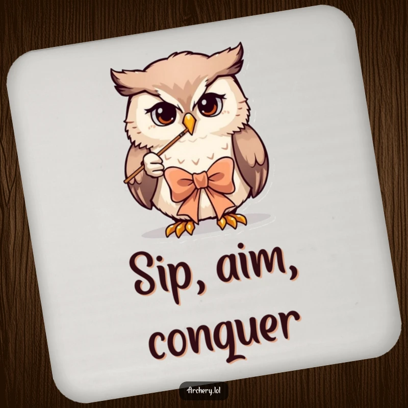 Funny owl archer coaster featuring a determined owl drawing a bow, protecting surfaces with humor.