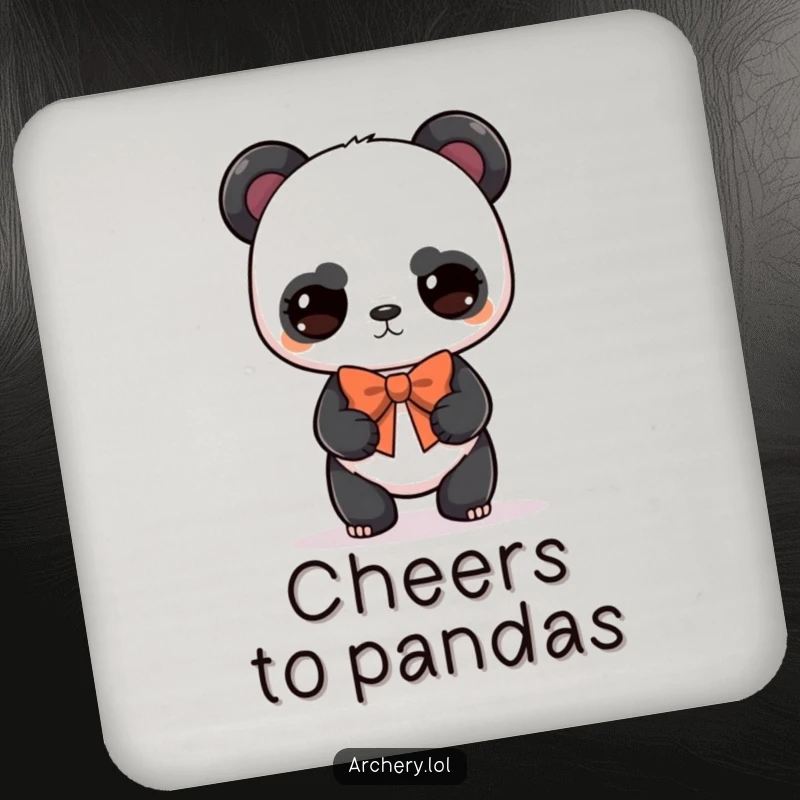 Funny panda archer drink coasters featuring a serious but cute panda balancing a bow, humorous protection and gift.
