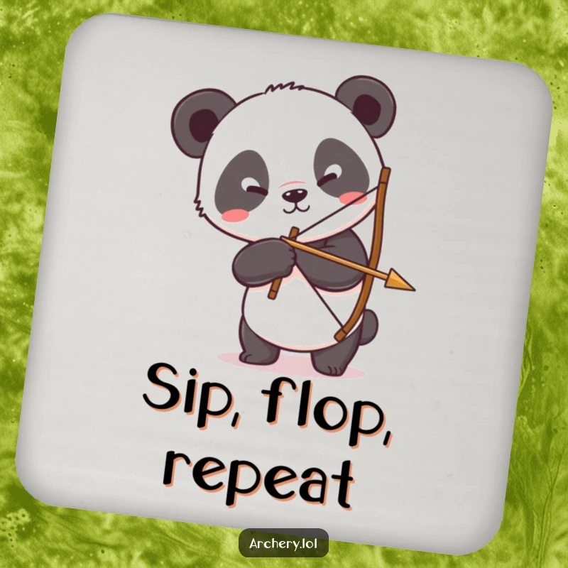 Funny Panda Archer Drink Coasters: A silly panda attempts to hold a bow and arrow, protecting surfaces with humor.