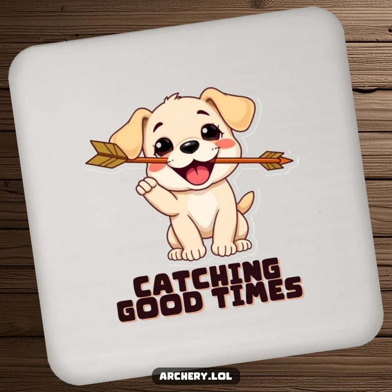 Funny Puppy Archer Coasters: A delighted puppy catches an arrow, providing humorous and playful coasters.