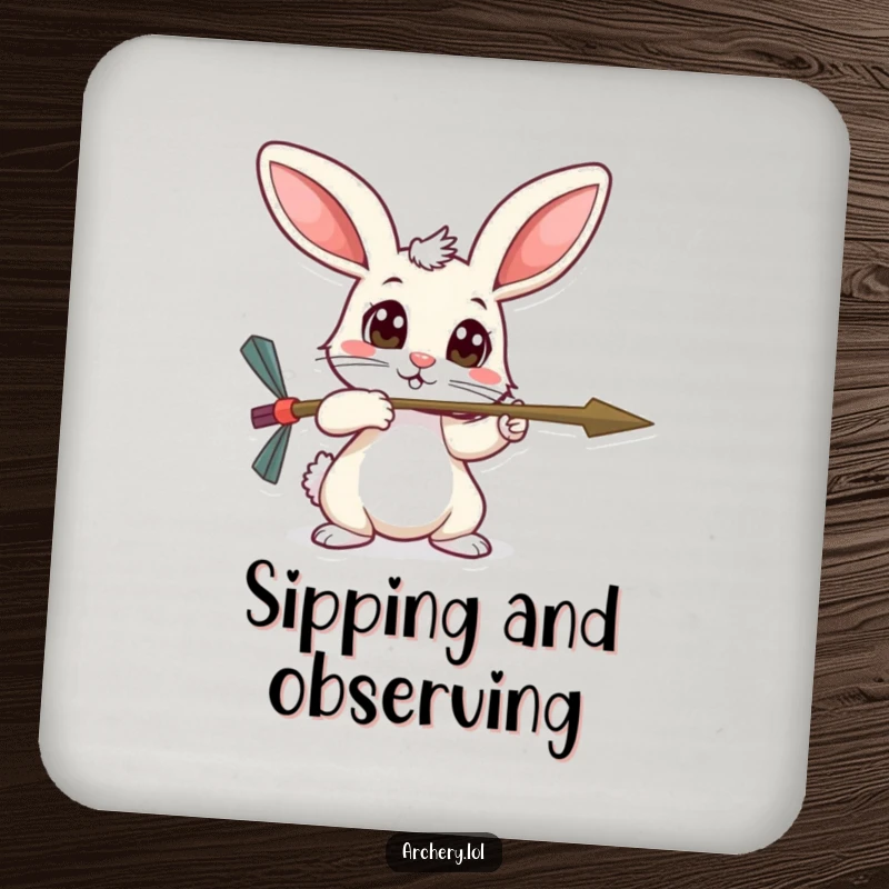 Funny timid rabbit coaster, wide curious eyes, aiming an arrow, protecting surfaces, perfect for drinks.