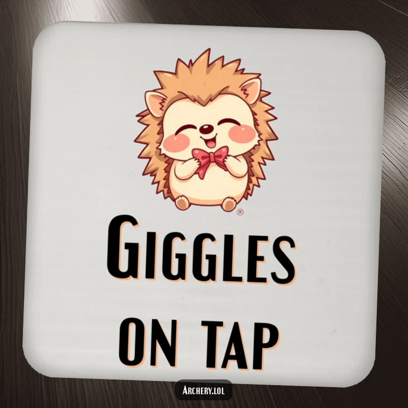 Funny Drink Coasters featuring a giggling hedgehog holding a bow, protecting surfaces with cheerful humor.