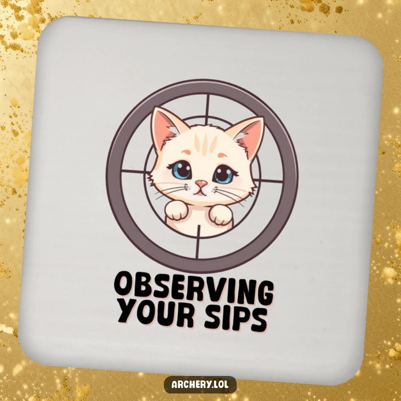Funny Cat Target Coasters: A curious cat peeking from behind a target, providing humorous and intriguing coasters.