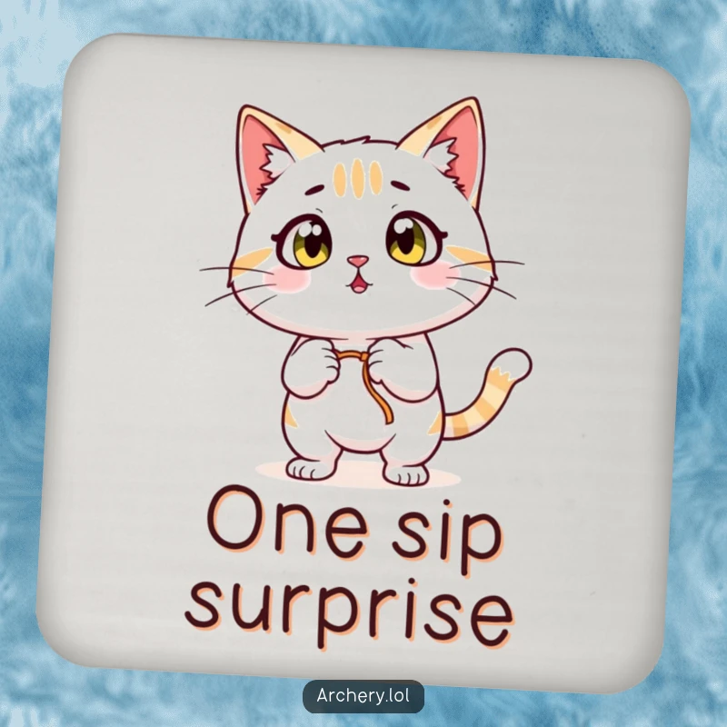 Funny Surprised Cat Coaster: A wide-eyed cat pulling back a bowstring, looking surprised, offering humorous protection for drinks.