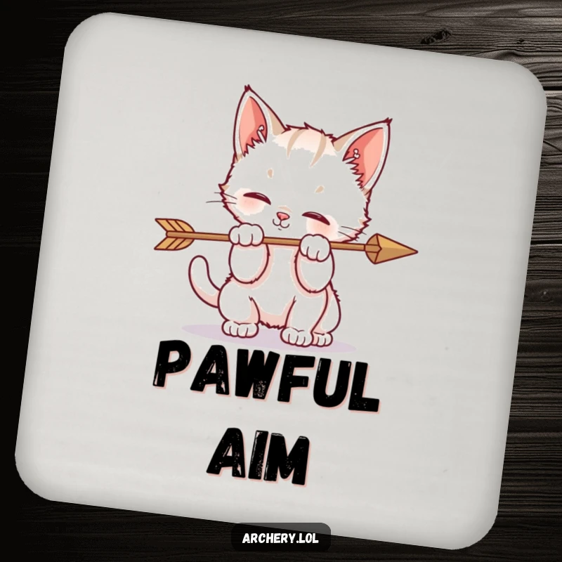 Funny drink coaster with a kitten playfully batting at an arrow, adding a touch of adorable, humorous mischief.
