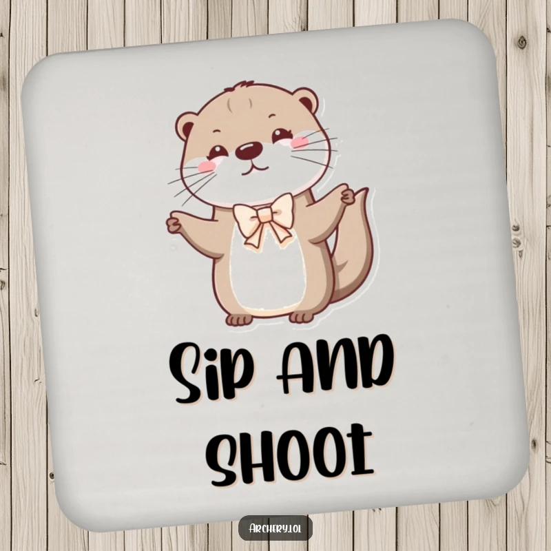 Funny otter coaster depicting a small otter practicing archery with a tiny bow, a cute and protective addition for drinks.