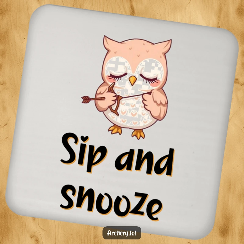 Funny drink coaster showcasing a sleepy owl gently holding a tiny bow and arrow.