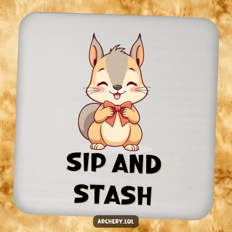 Funny Squirrel Archer Drink Coasters: A playful squirrel grins while drawing a bow, protecting surfaces with humor.