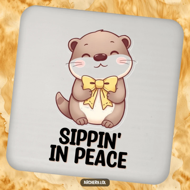 Funny drink coaster depicting a content otter holding a decorative bow, radiating serene vibes.