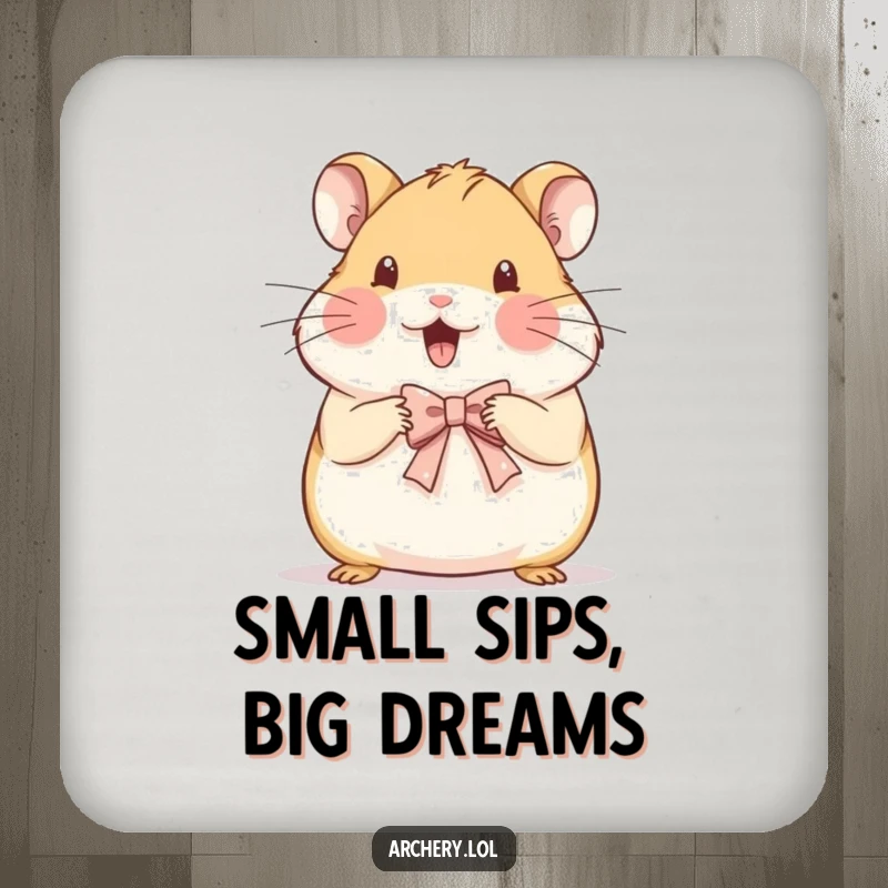 Funny drink coaster depicting a beaming hamster meticulously drawing a tiny, delicate bow with artistic focus.