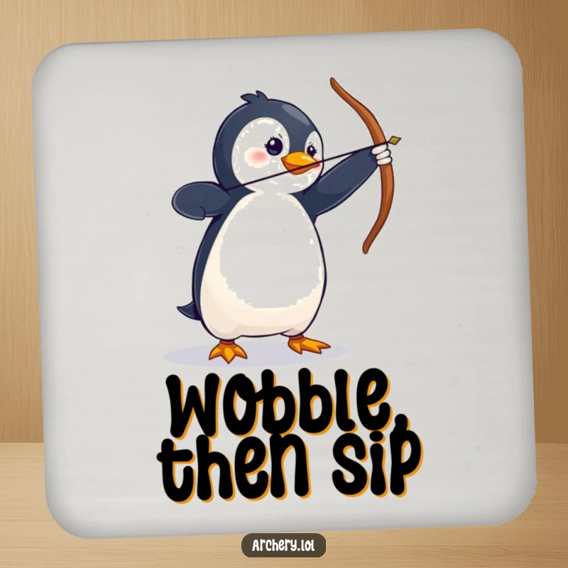 Funny Drink Coasters featuring a wobbly penguin in a dramatic archery stance, protecting surfaces with humor.