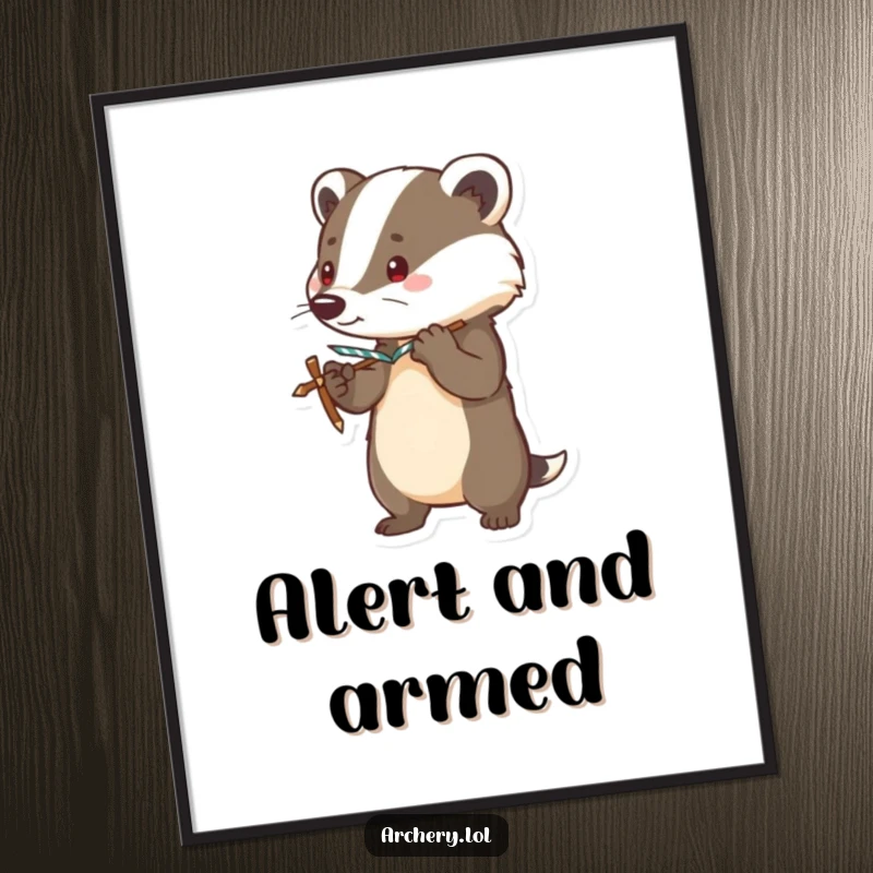 Funny poster art of a brave badger standing alert, bow drawn taut, embodying courageous vigilance with a touch of humor.