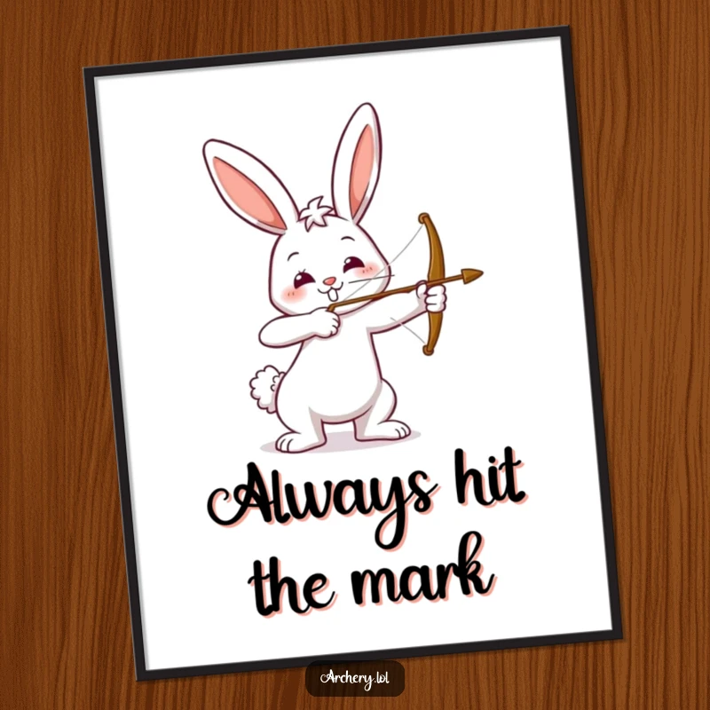 Funny poster featuring a happy bunny holding a drawn bow, aiming with a smile. Humorous wall art and a great funny gift.