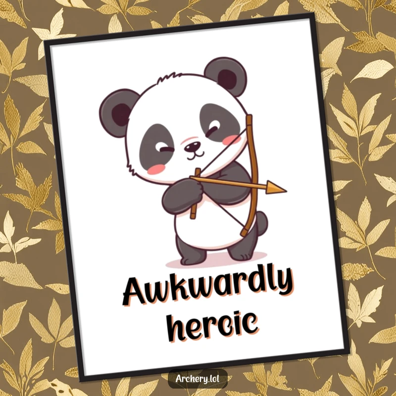 Funny Panda Archer Poster: A silly panda hilariously struggles with a bow and arrow, bringing comic relief to walls.