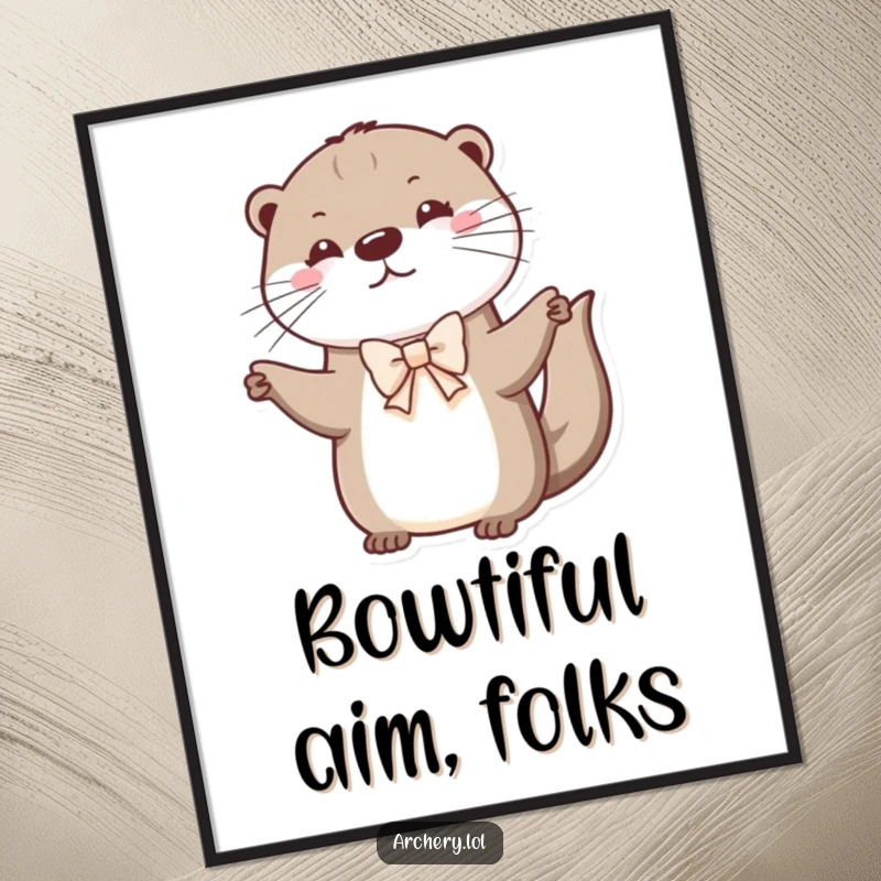 Funny otter poster showing a cute otter focused on drawing a small bow, artistic rendition of playful archery.