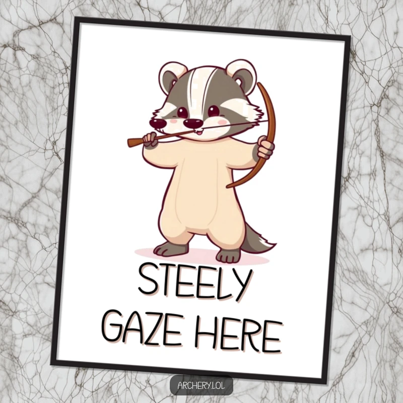 Funny badger poster of a determined badger standing tall with a drawn bow, conveying focus and woodland spirit.