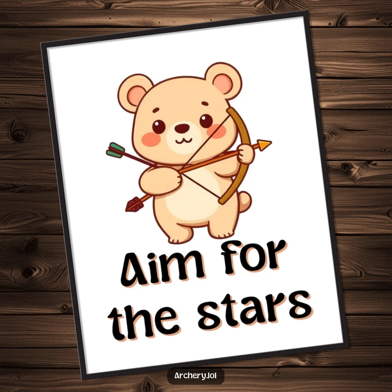 Funny poster featuring a smiling bear proudly holding a bow and arrow. Humorous woodland art and a great funny gift.